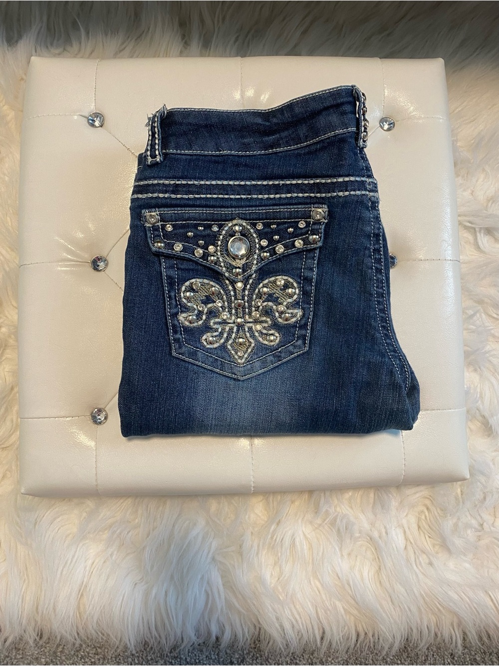 Miss Chic Jeans Dark Blue Bootcut Jeans with Rhinestones